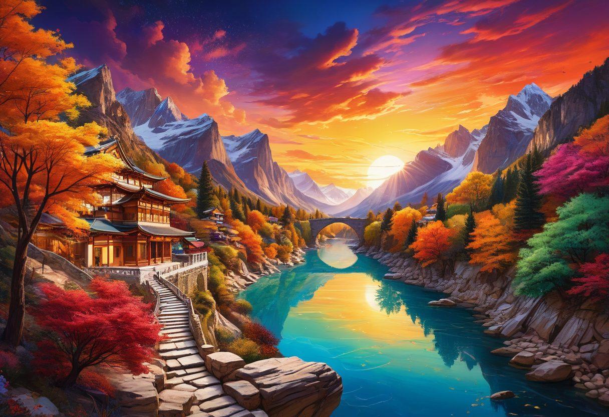 A visually striking collage featuring various beautiful creations, such as stunning architecture, intricate art pieces, and vibrant natural landscapes, interconnected through flowing lines symbolizing harmony. Each element should radiate unique colors and textures, inviting viewers to explore the depth of visual appeal. Incorporate light effects to enhance the allure of the objects. captivating aesthetics. vibrant colors. modern art style.